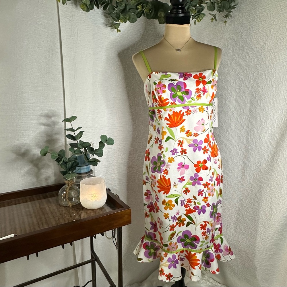 NWT Maggy London Women’s Floral Summer Sleeveless Midi Dress w/ Ruffle Hem Sz10